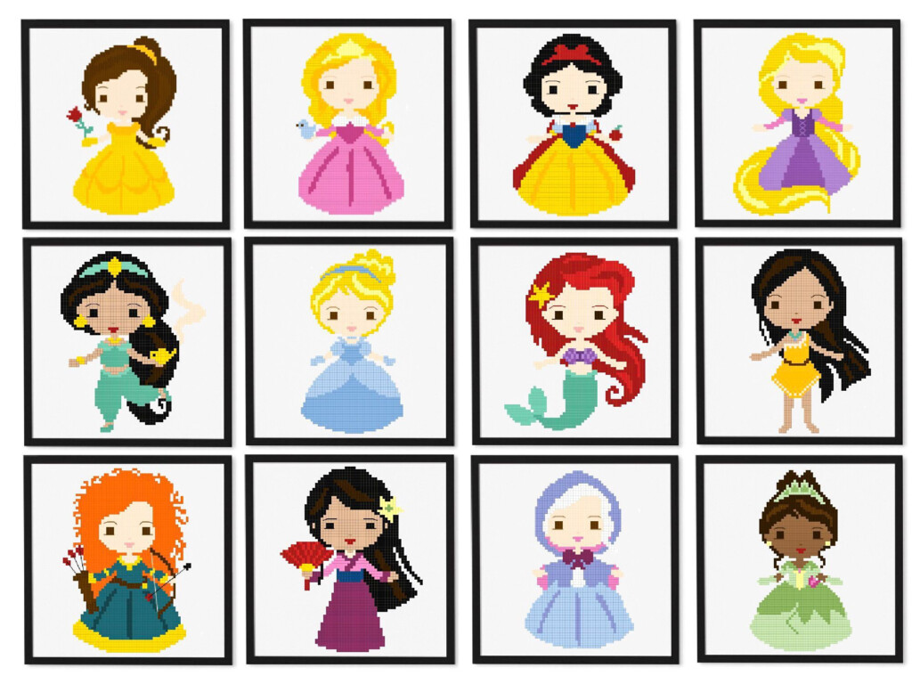 12 Disney Princess Easy Cross Stitch Pattern Modern Counted Cross  - Counted Cross Stitch Disney Patterns