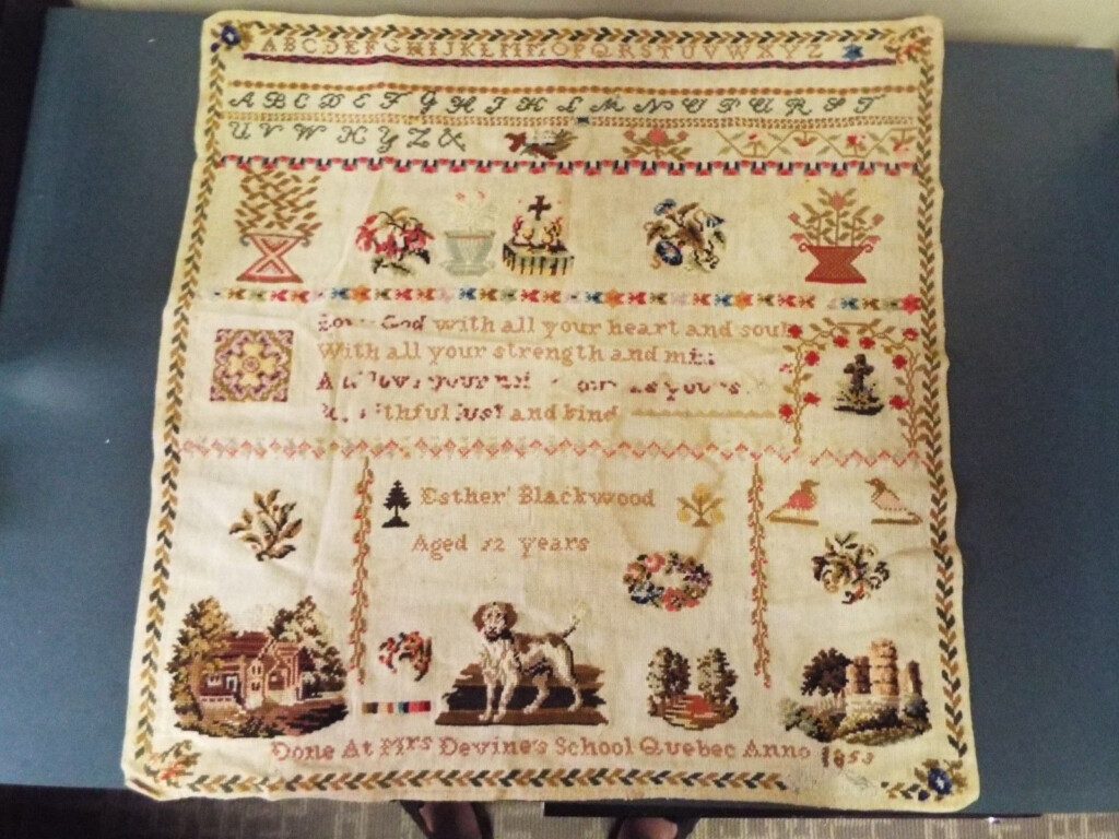 1853 Antique Cross Stitch Sampler Mrs Devine s School Quebec  - Antique Cross Stitch Sampler Patterns