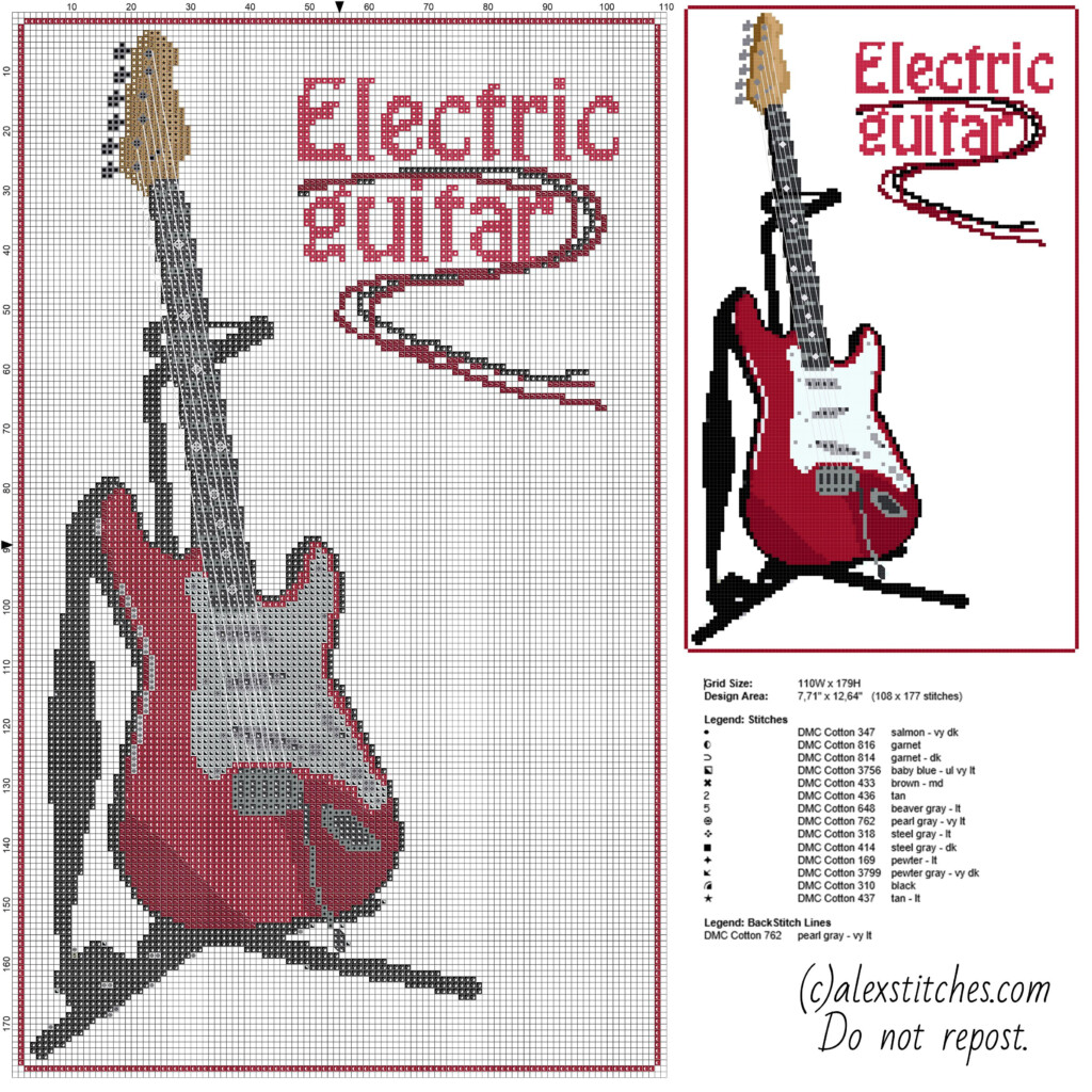A Beautiful Red Electric Guitar On The Stand Free Cross Stitch Pattern  - Electric Guitar Cross Stitch Pattern