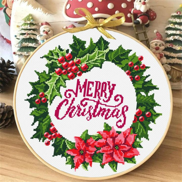 A Cross Stitch Christmas Wreath With Poinsettis - Christmas Wreath Cross Stitch Pattern