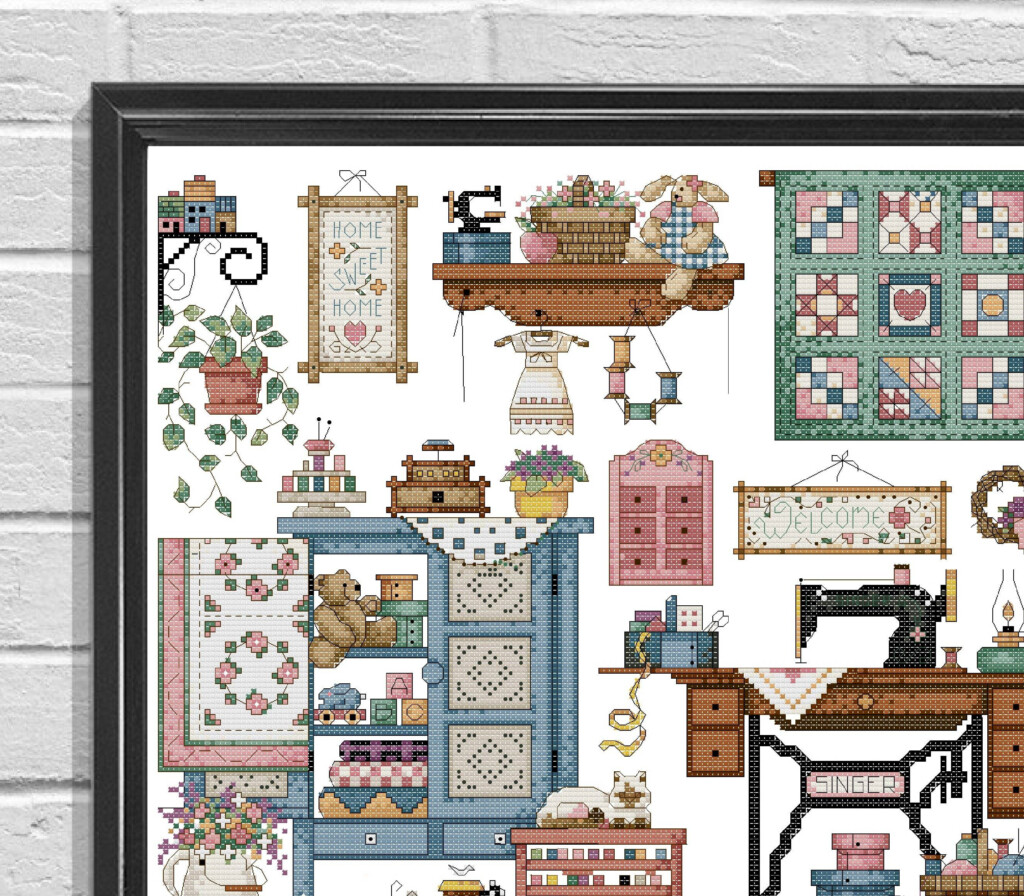 A Cross Stitch Pattern With Many Different Items On The Table And In  - Craft Room Cross Stitch Pattern