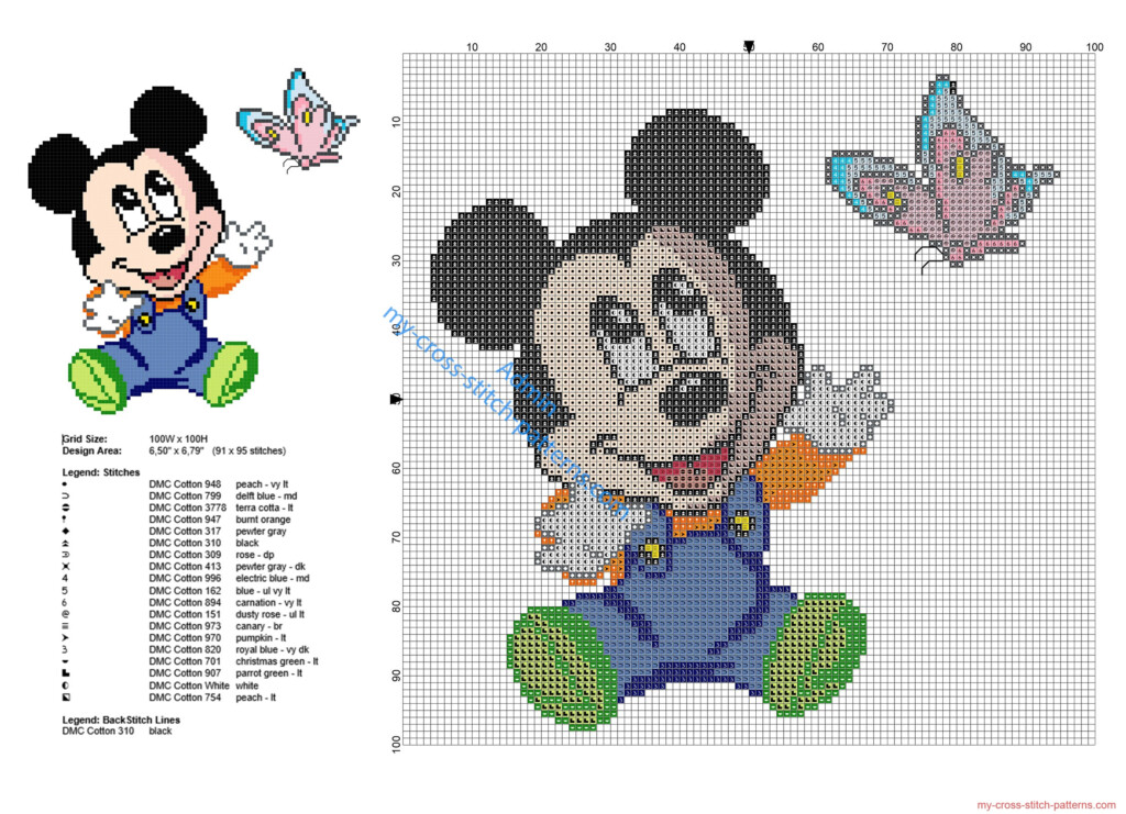Baby Disney Mickey Mouse With Butterfly Cross Stitch Pattern Free  - Vera The Mouse Cross Stitch Patterns