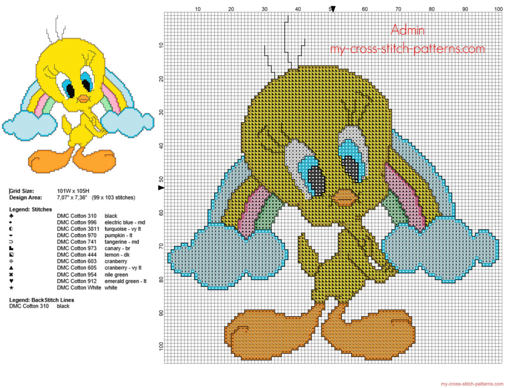 Baby Tweety Bird With A Rainbow Free Cross Stitch Pattern Download  - Tweety Bird Cross Stitch Pattern Free