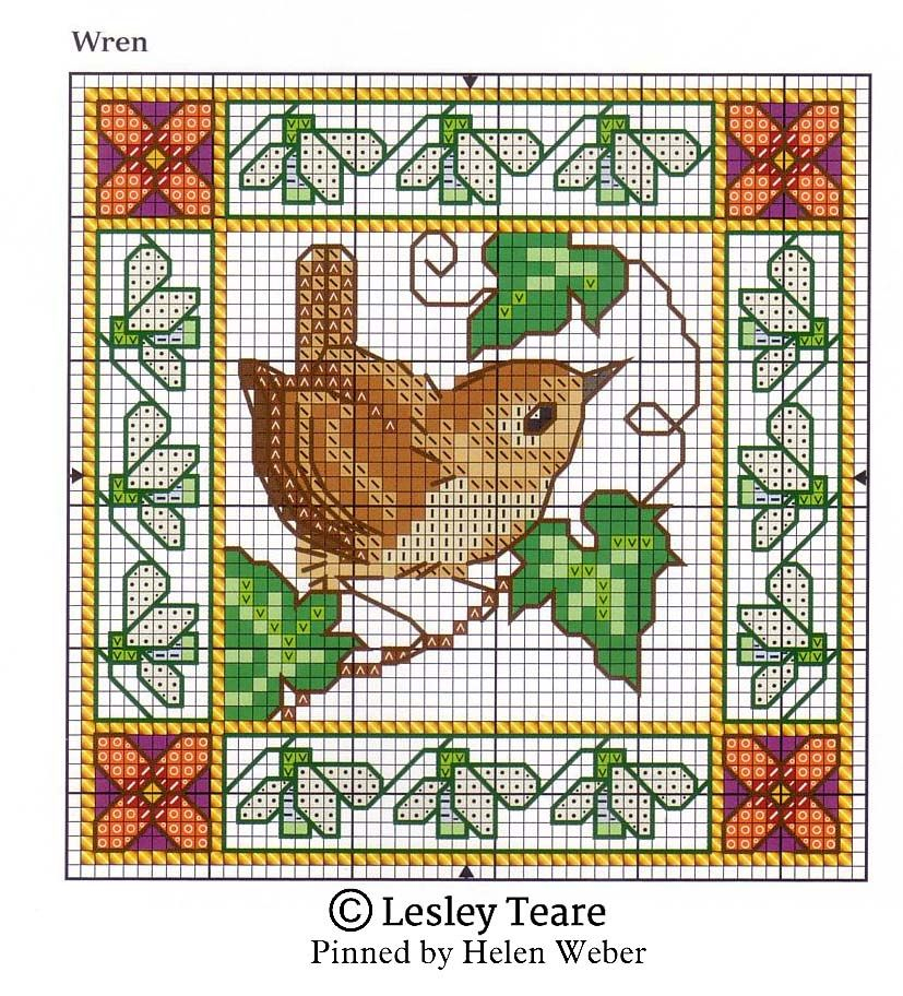 Bird Cross Stitch Pattern With Brown Bird And Green Leaves - Counted Cross Stitch Bird Patterns