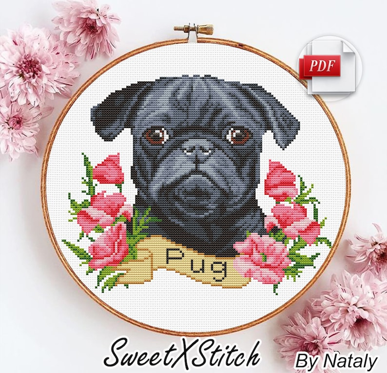 Black Pug Portrait Cross Stitch Pattern Pet Portrait Cross Etsy - Black Pug Cross Stitch Pattern