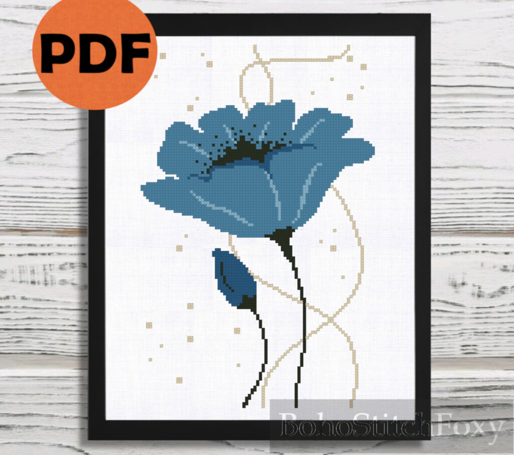 Blue Poppy Flower Cross Stitch Pattern PDF Easy Small Boho Flower  - Poppy Flower Cross Stitch Pattern