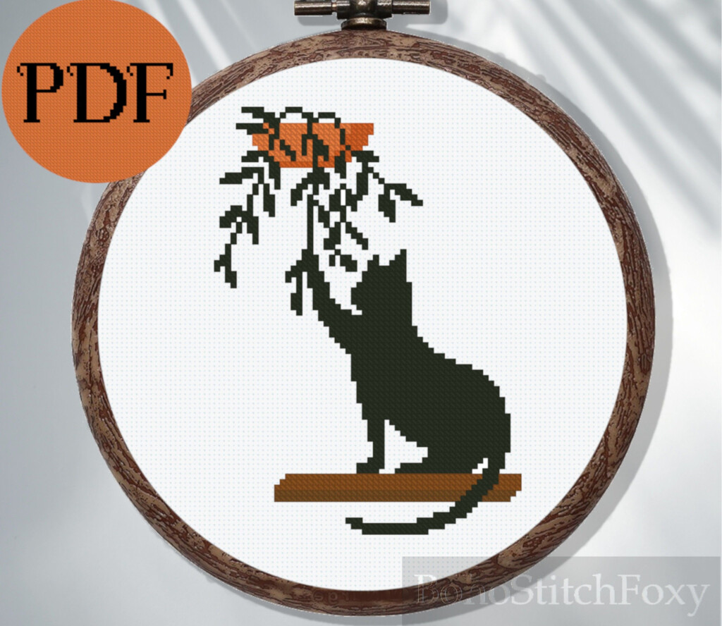 Cat On Window Plant Cross Stitch Pattern Pdf Easy Small Boho Cross  - Small Cat Cross Stitch Pattern Free