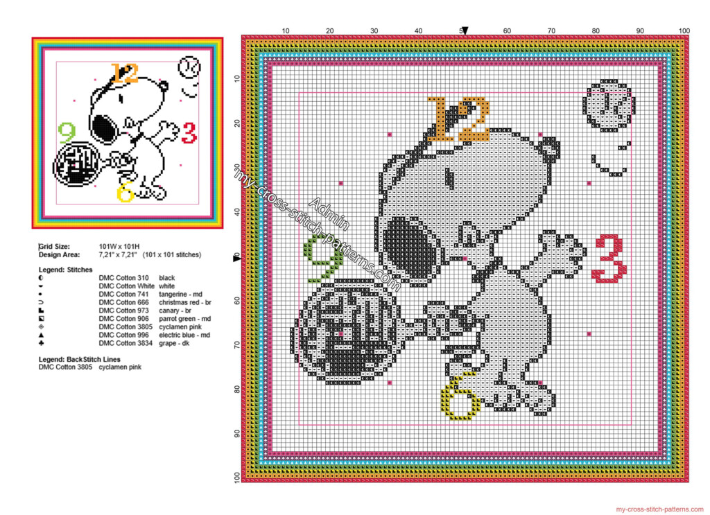 Children Clock With Snoopy Playing Tennis Free Cross Stitch Pattern  - Printable Snoopy Cross Stitch Pattern Free