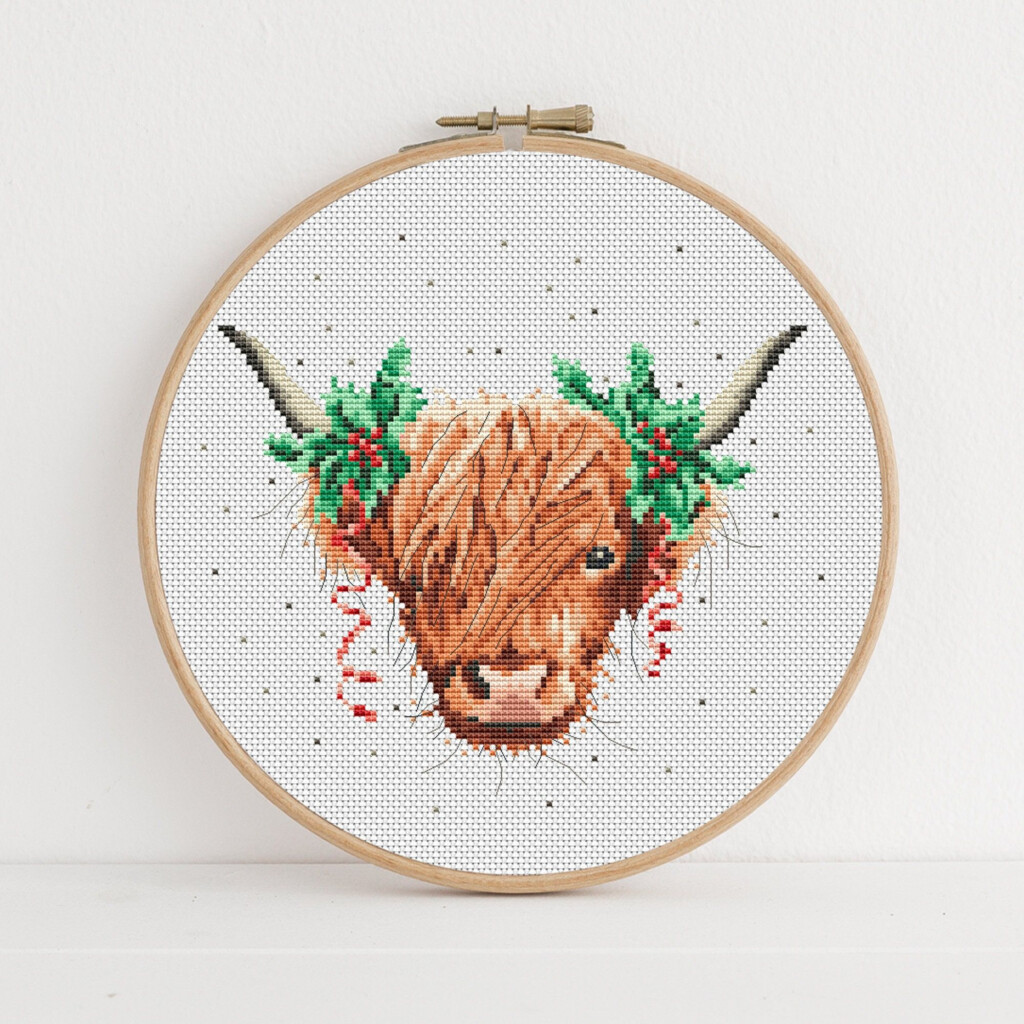 Christmas Highland Cow Cross Stitch Pattern Lucie Heaton Digital PDF  - Small Cow Cross Stitch Pattern