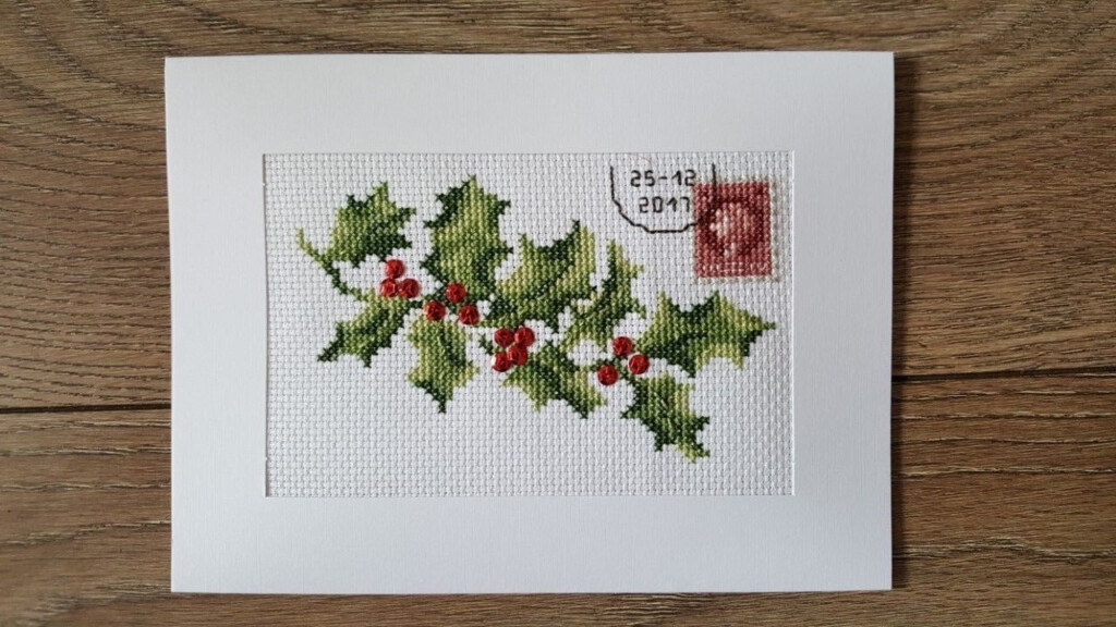 Completed Cross Stitch Christmas Card Holly Postcard 9 72  - Cross Stitch Xmas Card Patterns
