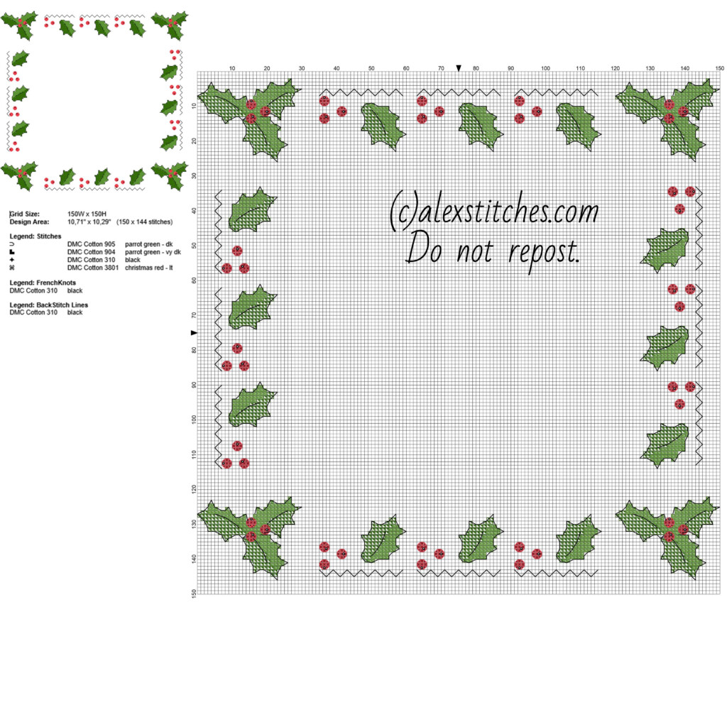 Cross Stitch Border With Christmas Holly Leaves Free Pcstitch Pattern  - Cross Stitch Holly Pattern Free