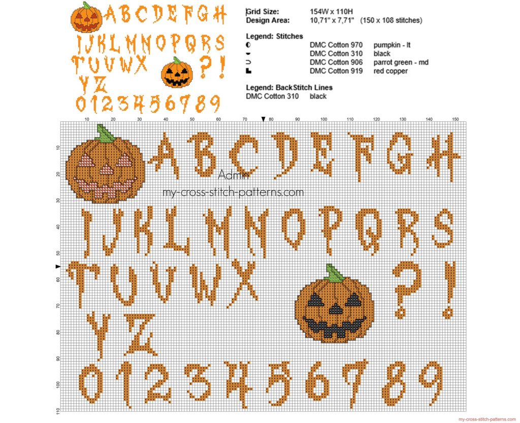 Cross stitch halloween alphabet with pumpkins Free Cross Stitch  - Free Halloween Cross Stitch Patterns