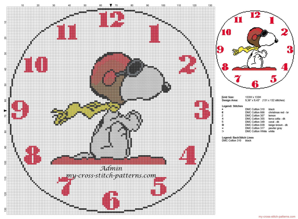 Cross Stitch Pattern Children Clock With Peanuts Charlie Brown Snoopy  - Free Peanuts Cross Stitch Patterns