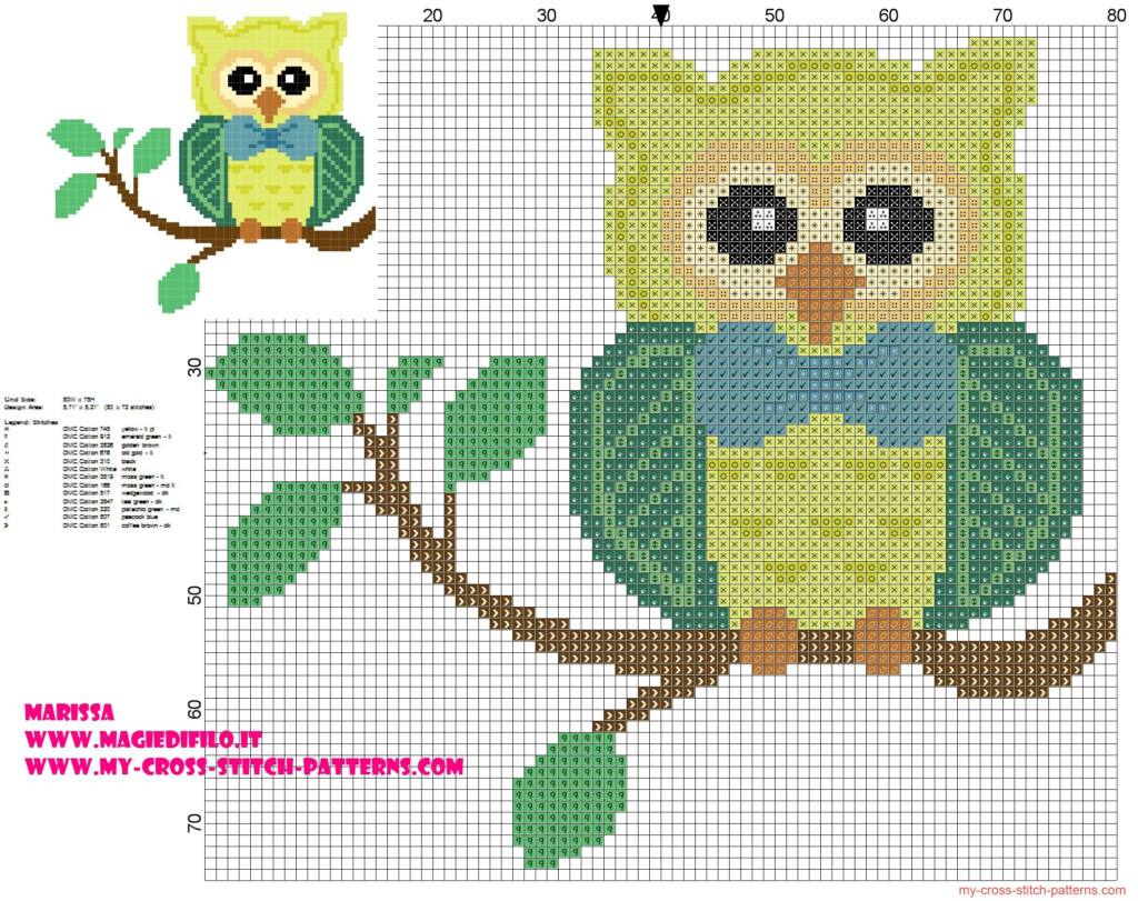 Cross Stitch Pattern Owl On Branch With Bow Tie Free Cross Stitch  - Easy Owl Cross Stitch Patterns