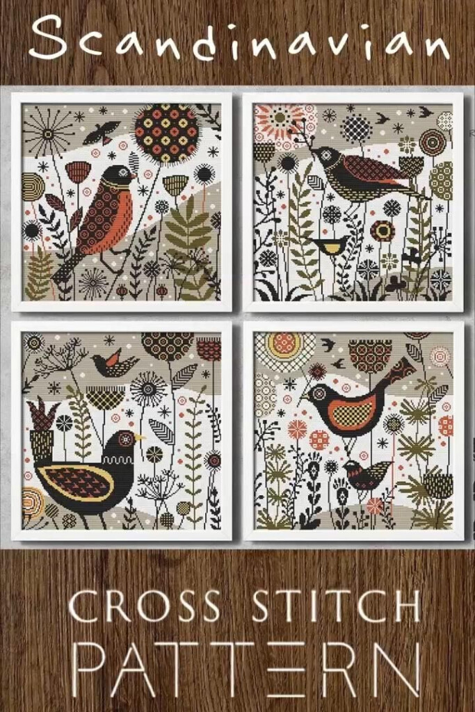 Cross Stitch Pattern Scandinavian Bird Set Of 4 Primitive Cross Stitch  - Printable Scandinavian Cross Stitch Patterns Free