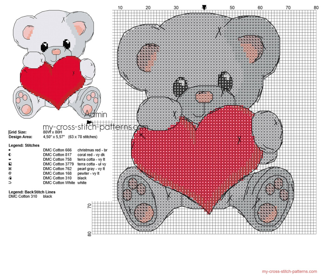 Cute Grey Color Teddy Bear With Heart Cross Stitch Pattern Free Cross  - Small Teddy Bear Cross Stitch Pattern