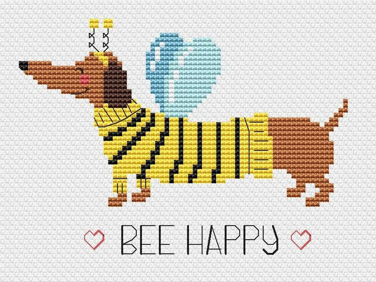 Dachshund Cross Stitch Pattern Small Dog Bee Easy Happy Animal Beginner  - Bee Happy Cross Stitch Pattern