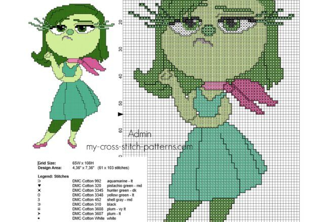 Disgust From Disney Pixar Inside Out Free Cross Stitch Pattern Free  - Heart And Hand Free Cross Stitch Patterns