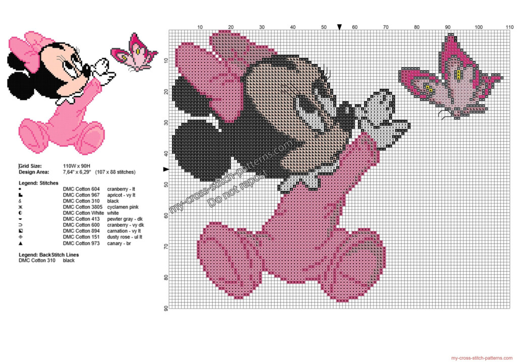 Disney Baby Minnie Mouse With Butterfly Free Cross Stitch Pattern  - House Mouse Cross Stitch Patterns