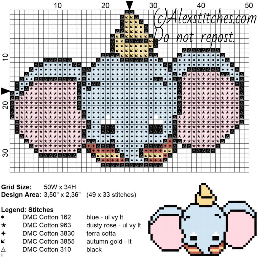 Dumbo Disney Cuties Free Cross Stitch Pattern 50x34 5 Colors Free  - Dumbo Cross Stitch Pattern Free