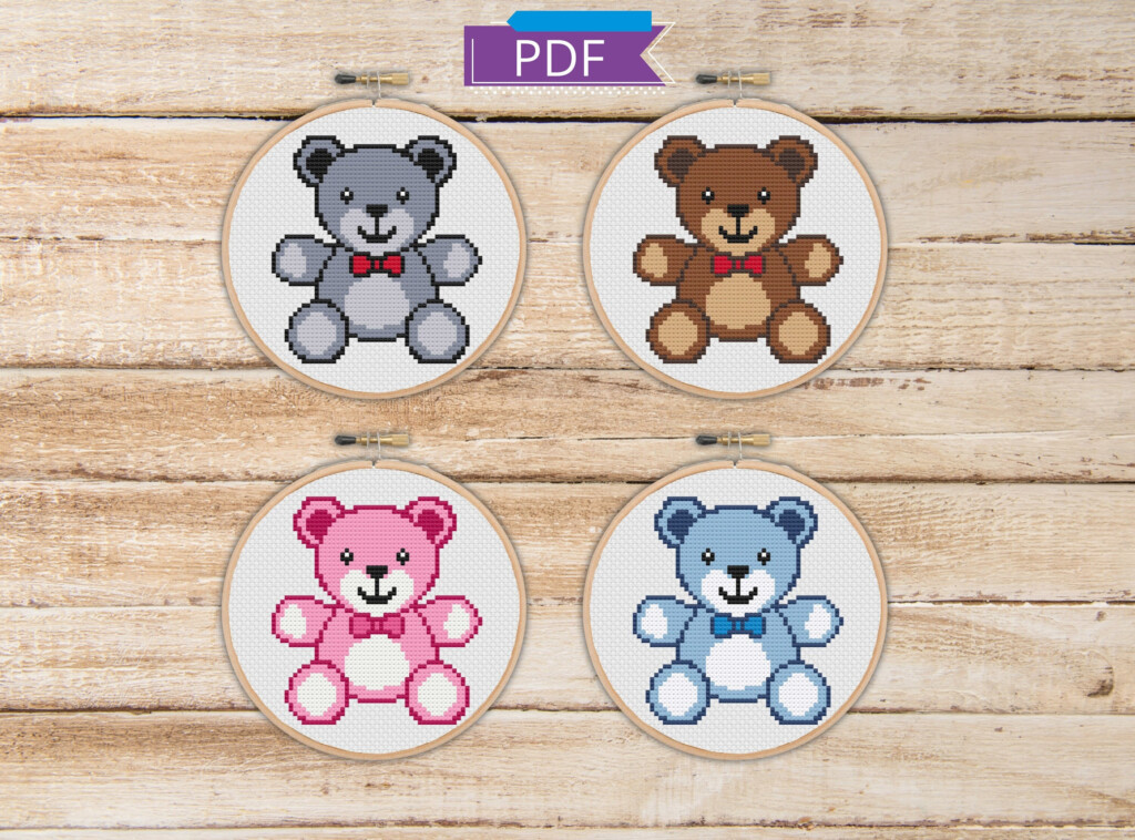 Easy Teddy Bear Mini Cross Stitch Pattern 4 Color Options Instant  - Small Bear Cross Stitch Pattern