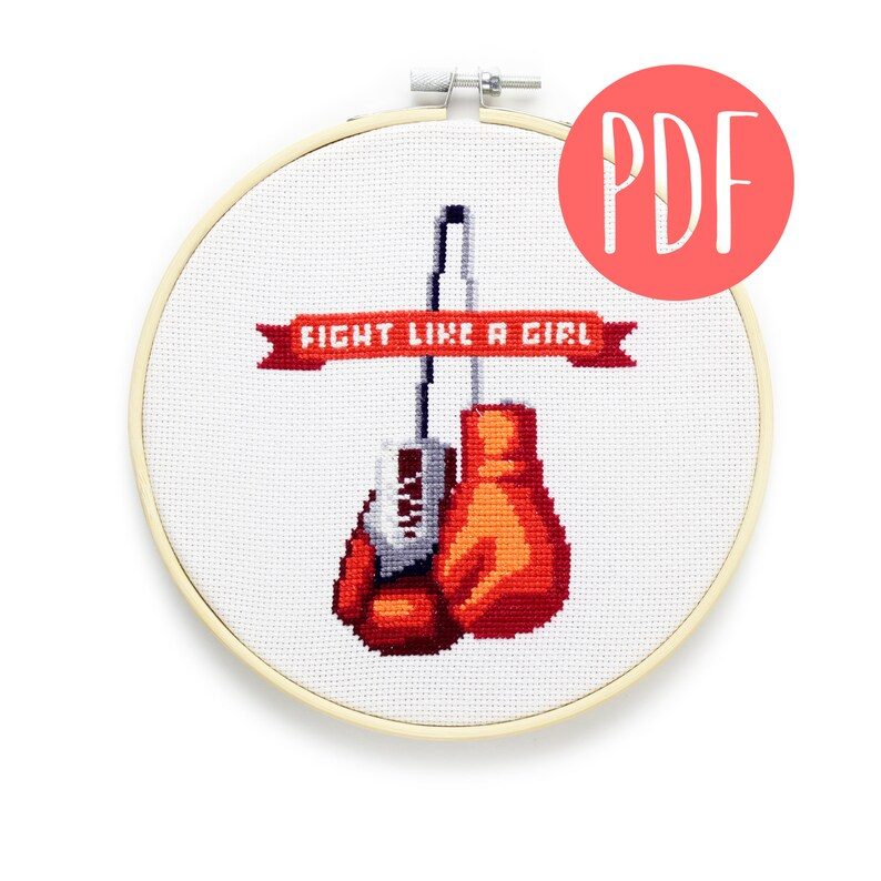Fight Like A Girl Boxing Gloves Cross Stitch Pattern Etsy - Boxing Gloves Cross Stitch Pattern
