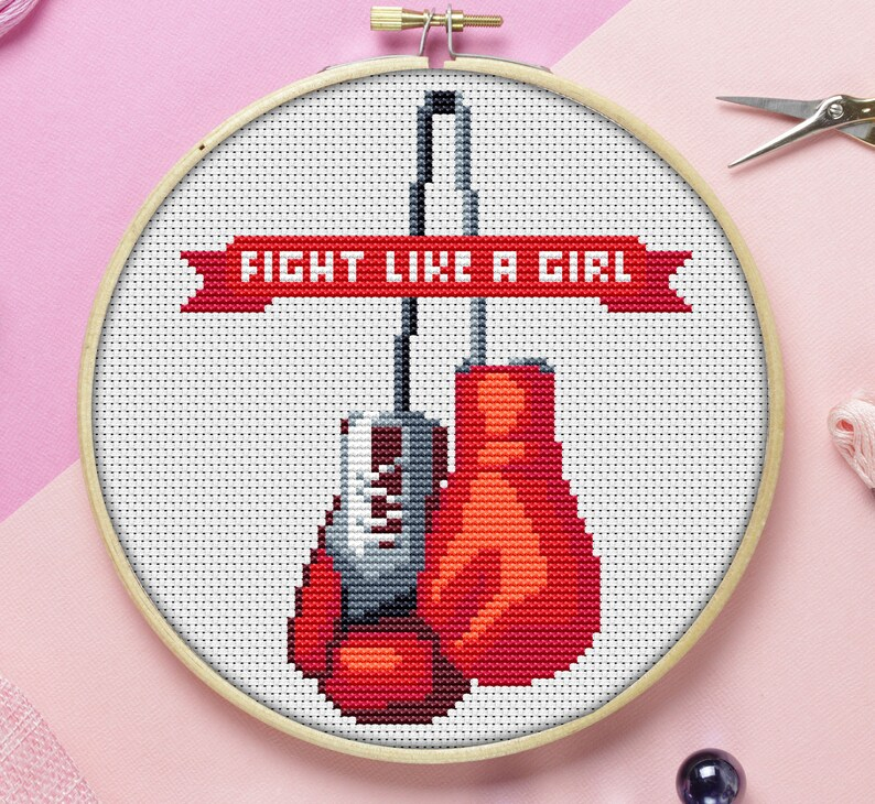 Fight Like A Girl Boxing Gloves Cross Stitch Pattern Etsy - Boxing Gloves Cross Stitch Pattern