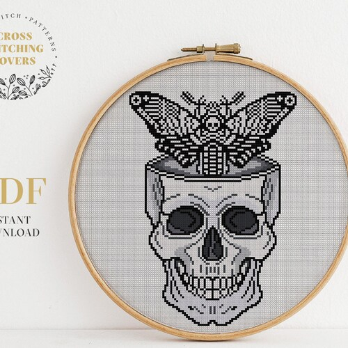 Gothic Skull Cross Stitch Pattern Moth Pattern Halloween Etsy - Gothic Skull Cross Stitch Pattern