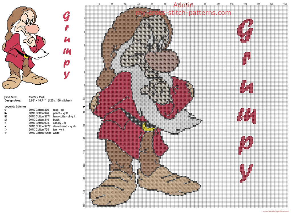 Grumpy Dwarf From Disney Snow White And The Seven Dwarfs Cross Stitch  - Snow White And The Seven Dwarfs Cross Stitch Pattern