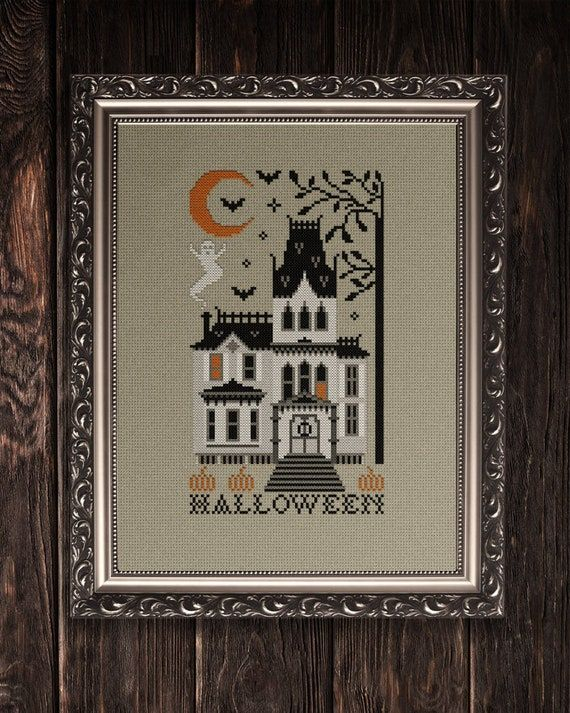 Halloween Haunted House Cross Stitch Pattern PDF Halloween Cross Stitch  - Free Large Halloween Haunted House Cross Stitch Patterns