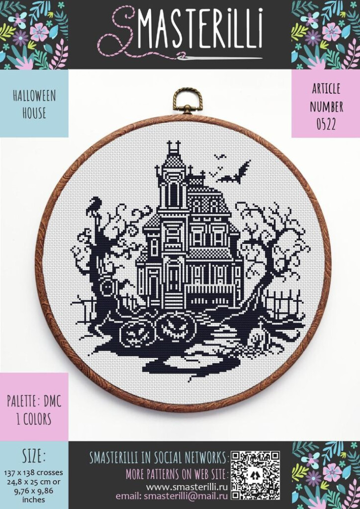 Halloween Haunted House Cross Stitch Pattern PDF Monochrome Ornament  - Haunted Mansion Cross Stitch Pattern
