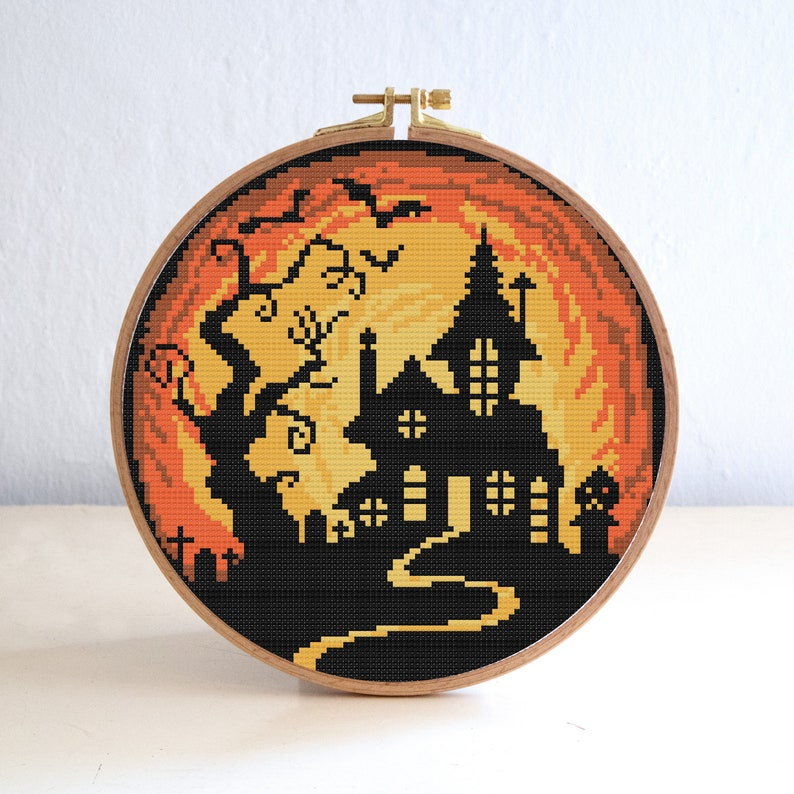 Halloween Haunted House Cross Stitch Pattern Set Moon Night Etsy - Free Large Halloween Haunted House Cross Stitch Patterns