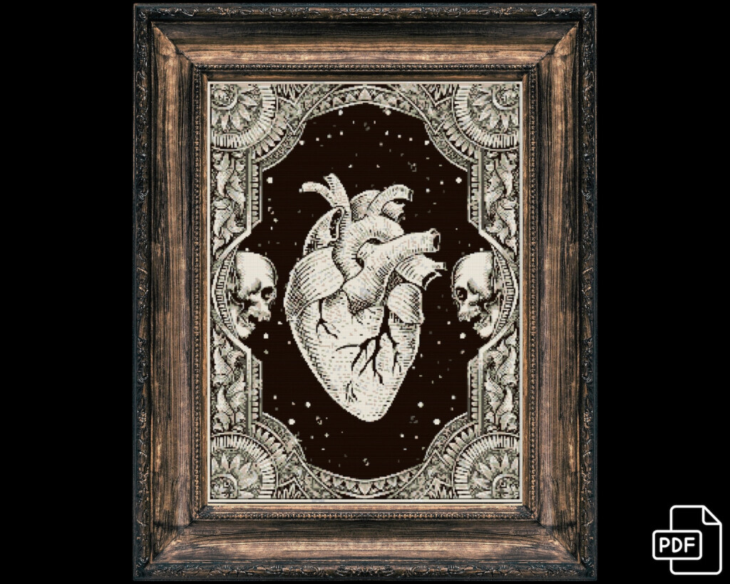 Heart And Skulls Cross Stitch Pattern Halloween Horror Skulls  - Gothic Skull Cross Stitch Pattern