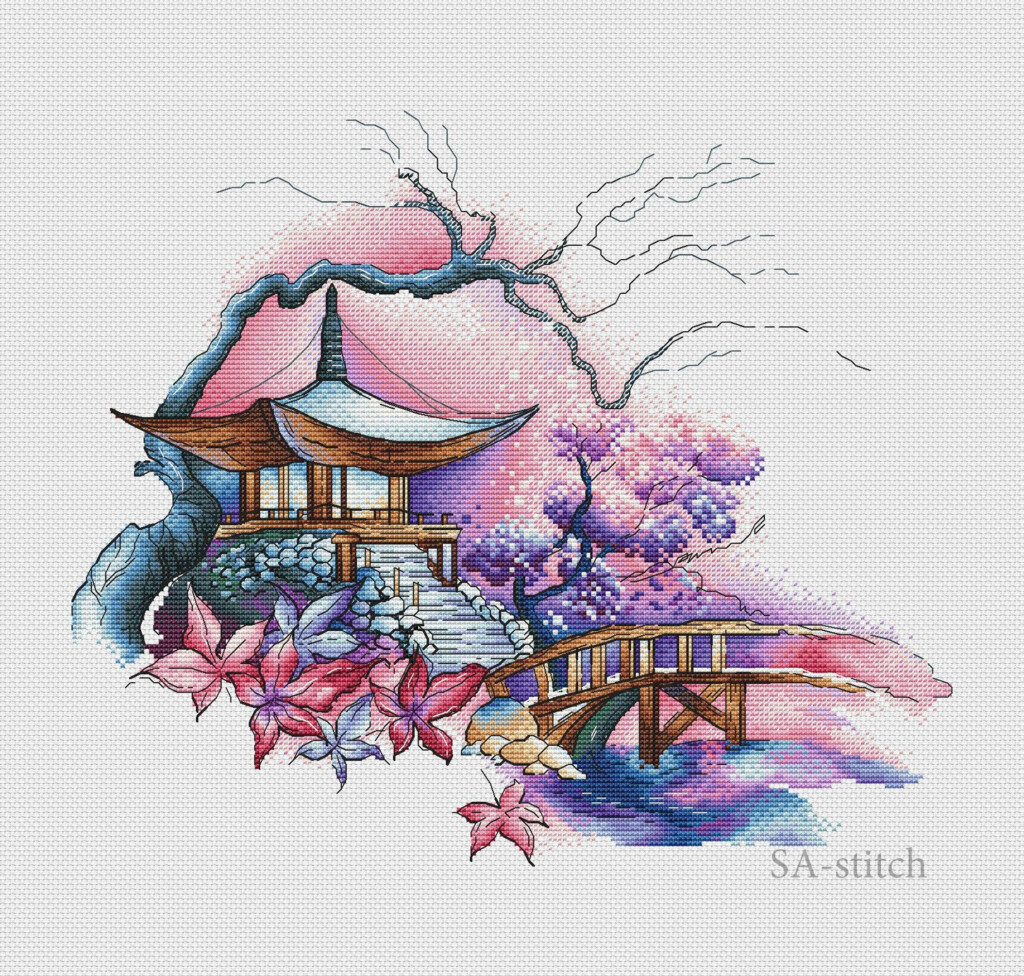 Japanese Garden Cross Stitch Pattern Pdf Instant Download Pattern  - Japanese Garden Cross Stitch Pattern