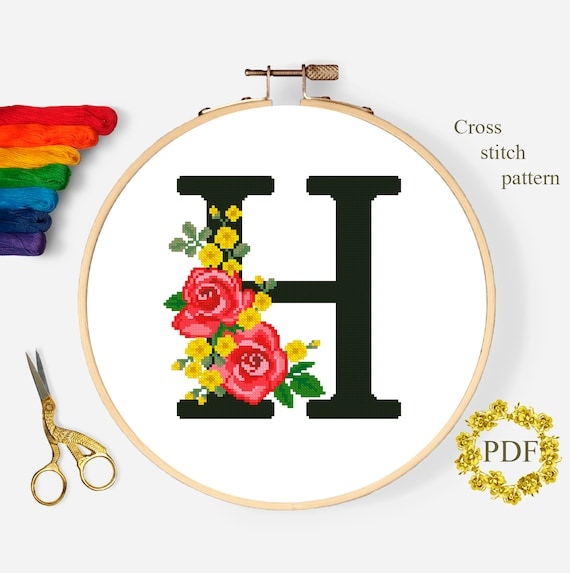 Letter H Modern Cross Stitch Pattern PDF Monogram Floral Etsy - Letter H Cross Stitch Pattern