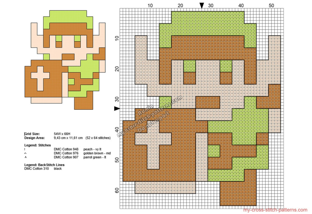 Link The Legend Of Zelda NES Free Cross Stitch Pattern 52x64 Free  - Legend Of Zelda Cross Stitch Pattern