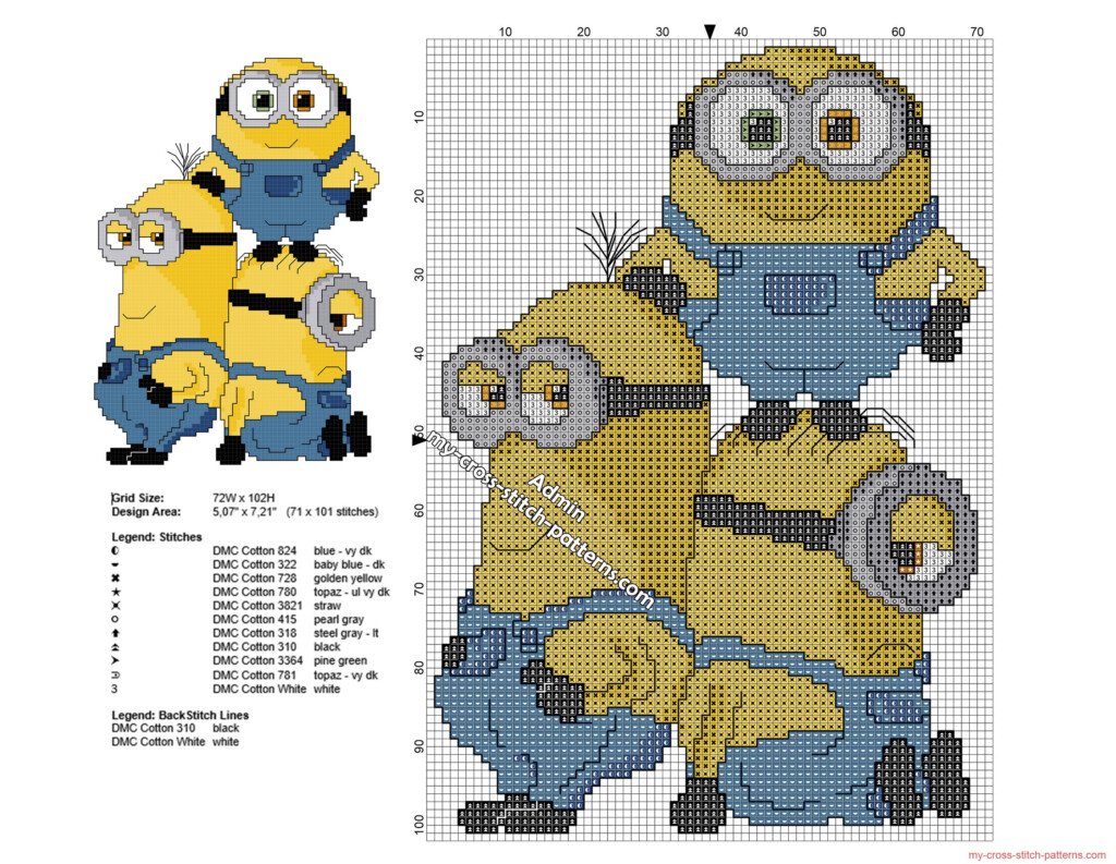 Minions Together Free Cross Stitch Pattern 71 X 101 Stitches 11 DMC  - Minions Cross Stitch Patterns Free