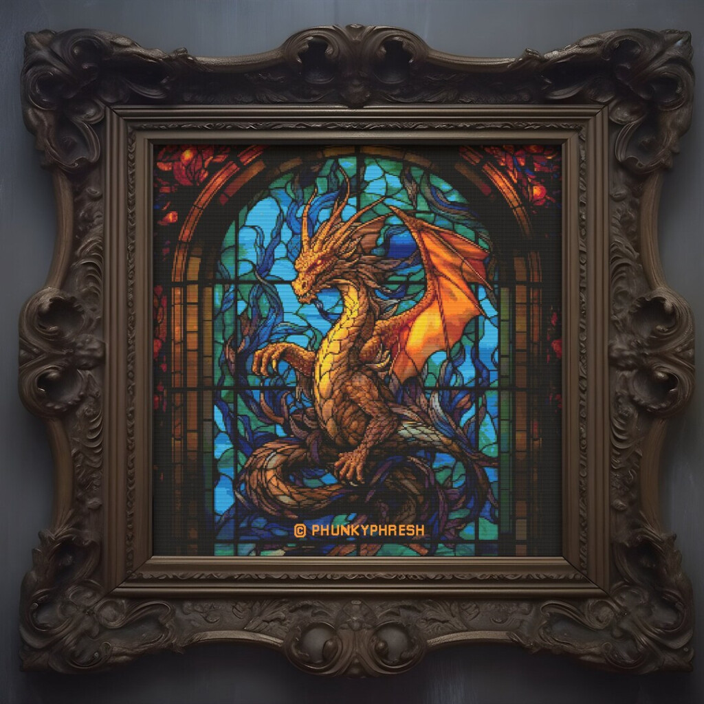 Posing Dragon Stained Glass Window 300x300 100 DMC Colors Counted  - Stained Glass Window Cross Stitch Patterns