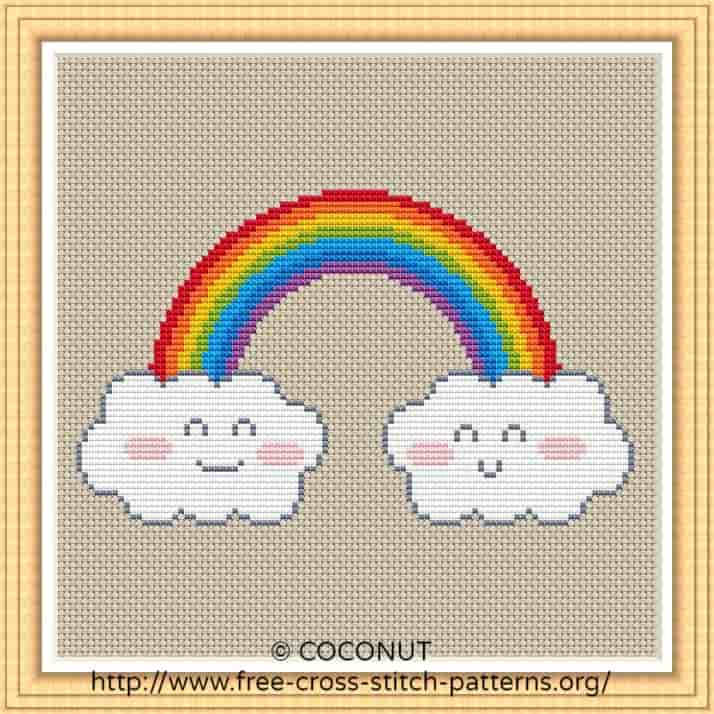 RAINBOW AND CLOUDS FREE AND EASY PRINTABLE CROSS STITCH PATTERN Free  - Small Rainbow Cross Stitch Pattern Free