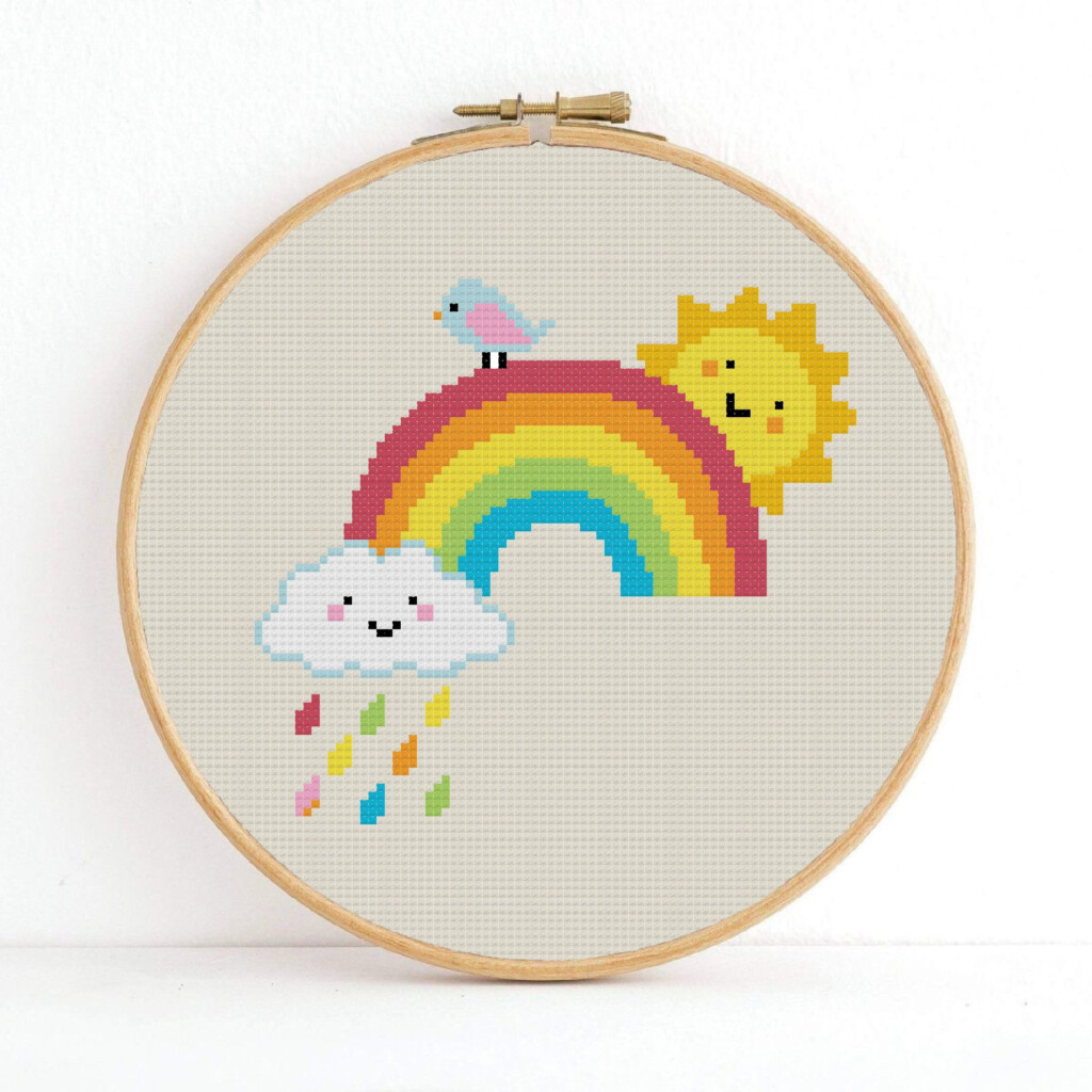 Rainbow Cross Stitch Pattern Cloud And Sun Cross Stitch Colorful Rain  - Small Rainbow Cross Stitch Pattern Free