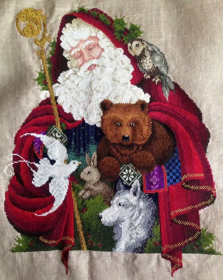  Santa Of The Forest 32 Ct Natural Linen Lavender Lace Cross  - Lavender And Lace Santa Cross Stitch Patterns