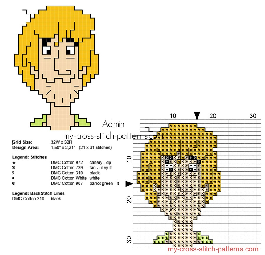 Shaggy Scooby Doo Character Free Small Cross Stitch Pattern With Back  - Scooby Doo Cross Stitch Patterns Free