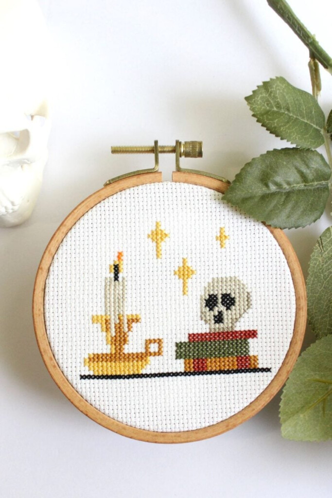 Skull And Candle Cross Stitch Pattern Crewel Ghoul - Cross Stitch Pattern From Photograph