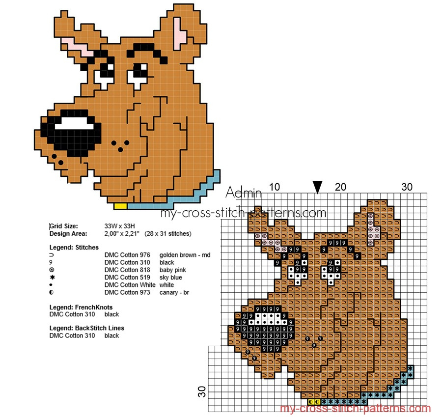 Small Scooby Doo Cross Stitch Pattern With Back Stitch 28 X 31 Stitches  - Scooby Doo Cross Stitch Patterns Free