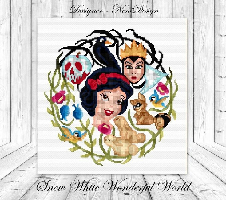 Snow White And The Seven Dwarfs Cross Stitch Pattern On A Wooden  - Snow White And The Seven Dwarfs Cross Stitch Pattern