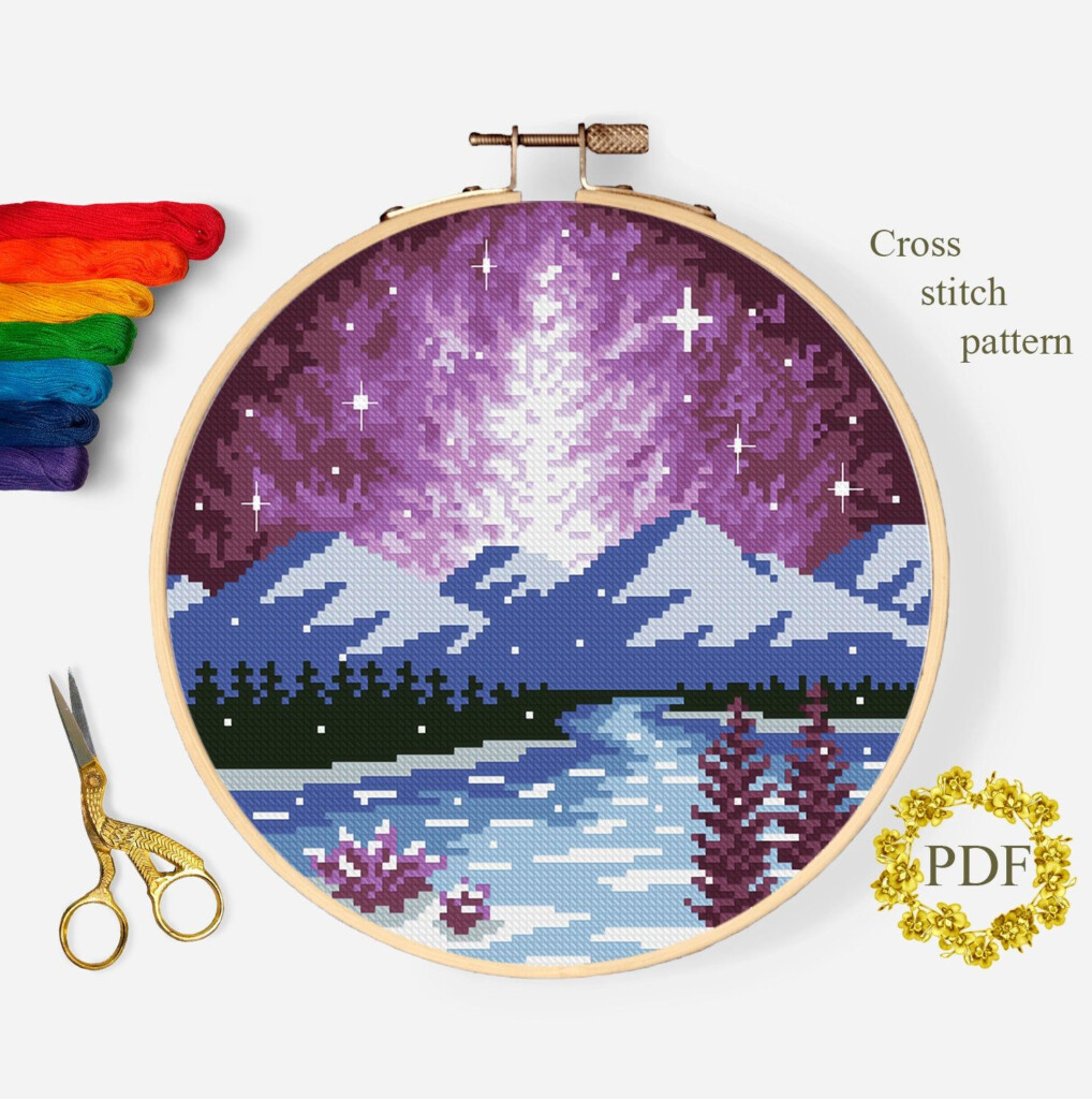 Starry Night Sky Modern Cross Stitch Pattern PDF Mountain Etsy  - Night Sky Cross Stitch Pattern Free