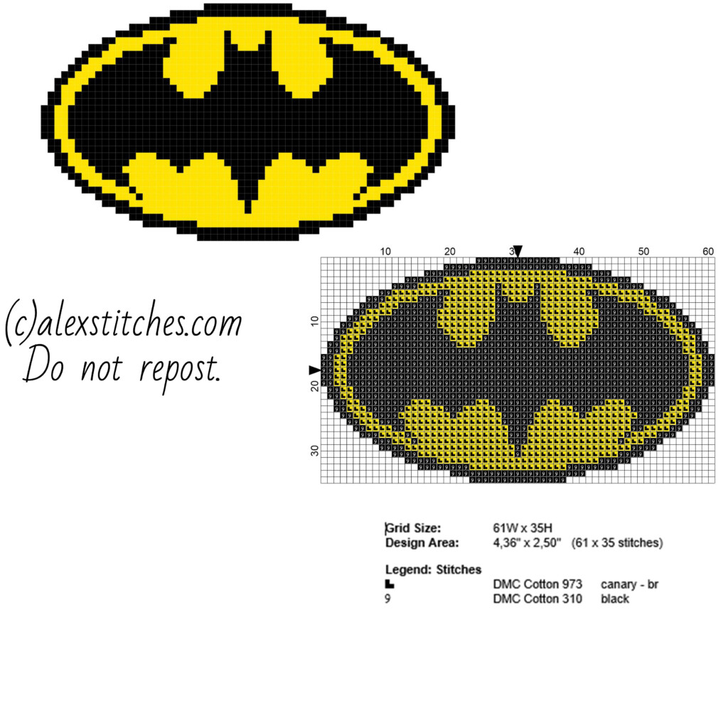 Superhero Batman Original Logo Free Cross Stitch Pattern Size 61 X 35  - Batman Logo Cross Stitch Pattern Free