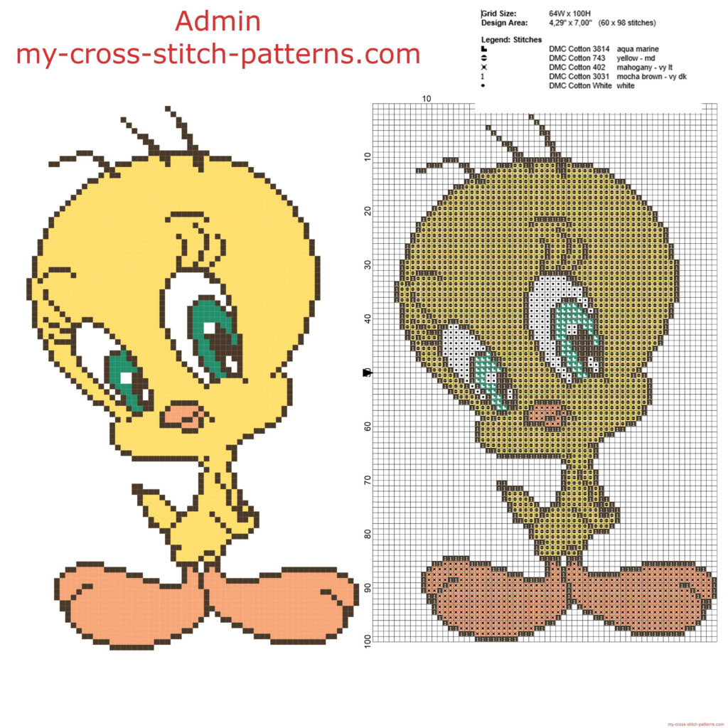 Sweet Tweety Bird From Looney Tunes Cartoon Sylvester And Tweety Free  - Tweety Bird Cross Stitch Pattern Free