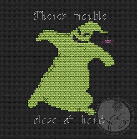 Theres Trouble Close At Hand Cross Stitch Pattern In Black And Green  - Oogie Boogie Cross Stitch Pattern