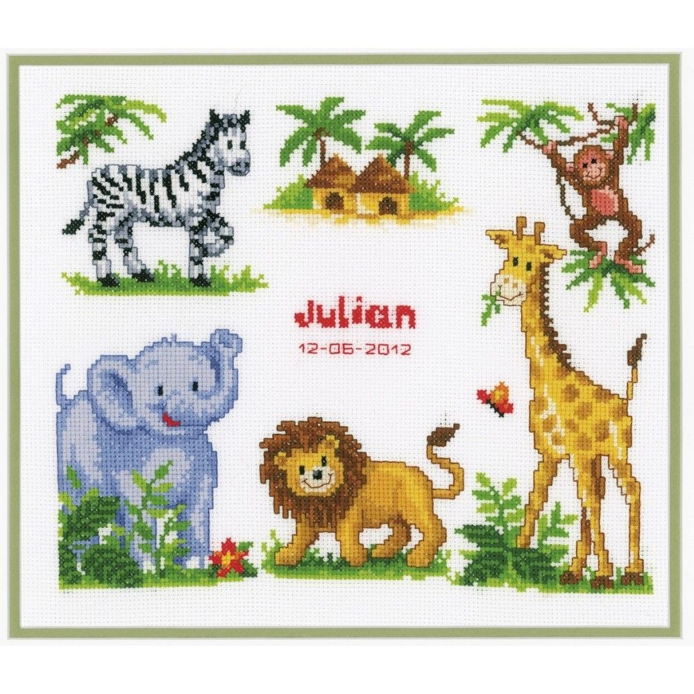 Vervaco Zoo Animals Birth Record Birth Sampler Cross Stitch Kit Baby  - Zoo Animal Cross Stitch Patterns